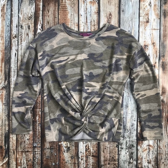 Aqua Girl Long Sleeve Camo Twist Front Top - Picture 1 of 7